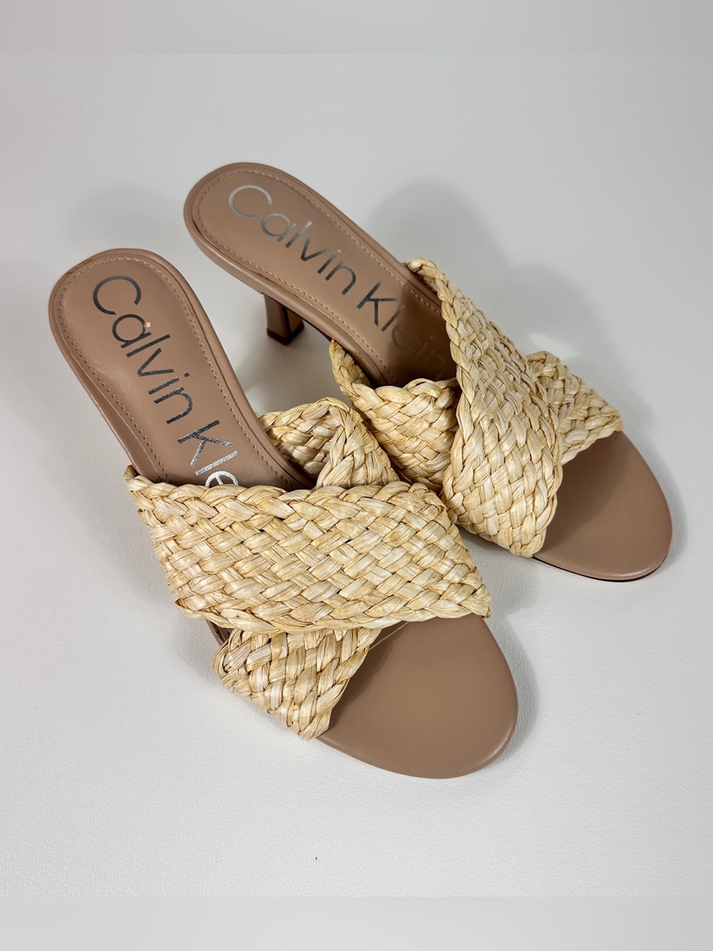 Calvin Klein Woven Raffia Slide Sandals Kitten Heel Beige Natural Size 8M